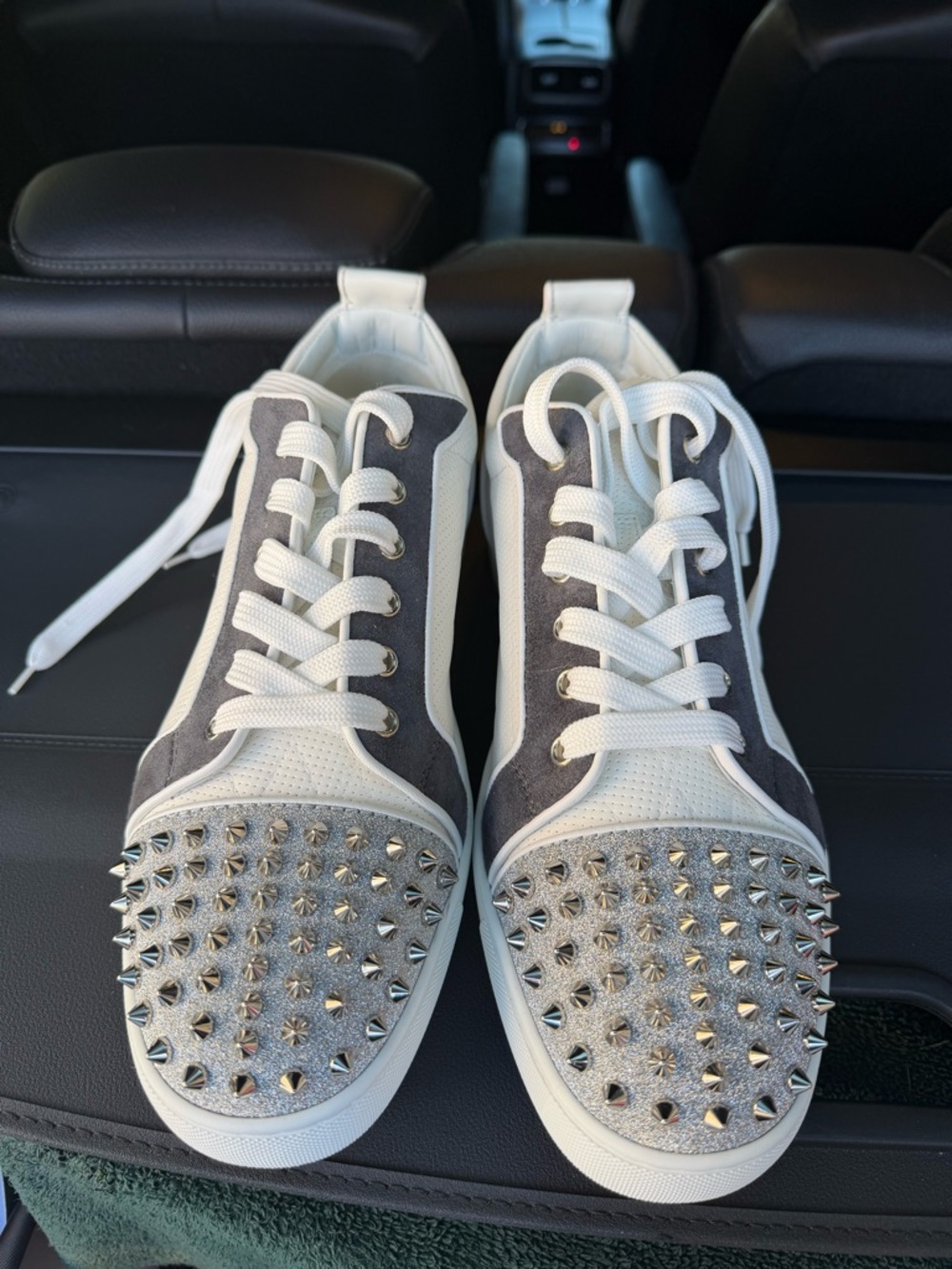Christian Louboutin White and Gray Spike-Embellished Low-Top Sneakers